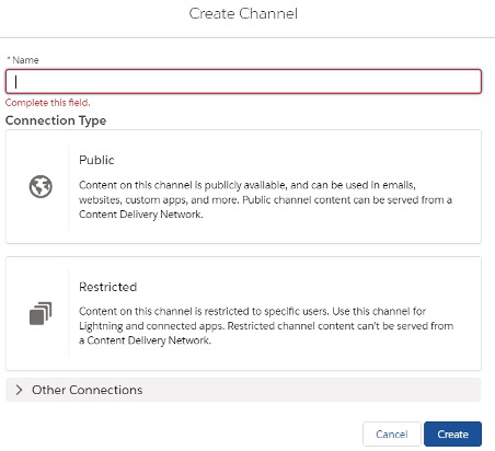 Screenshot of how to create channels in the Salesforce Content Management System