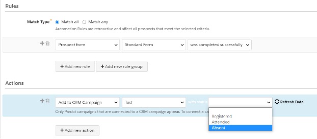 Screenshot of how to set automation rules based on recipient actions