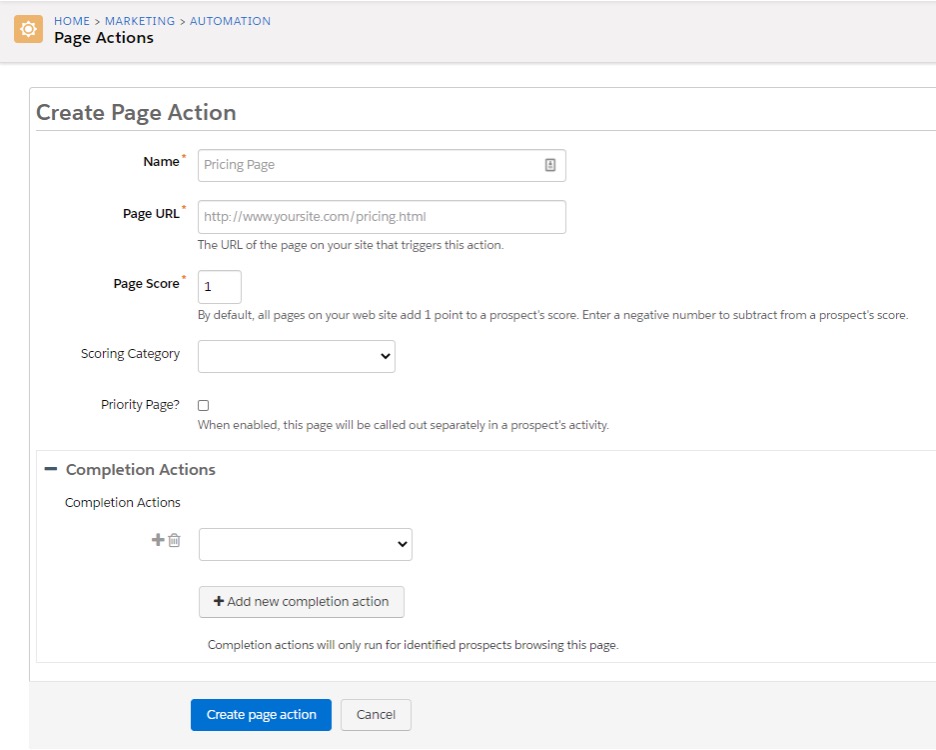 Screenshot of how to create a page action