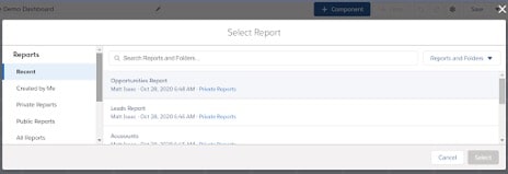 Select source report screenshot in Salesforce