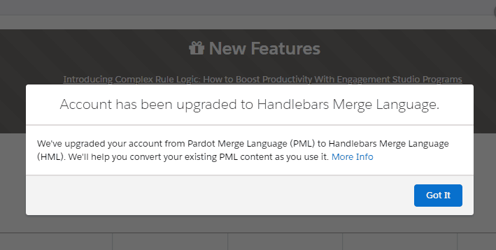 Confirmation of upgrade to hml pop up in Pardot