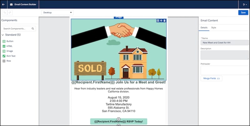 Preview of the Pardot email content builder