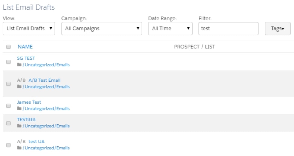 Email drafts for tests sitting in Pardot account