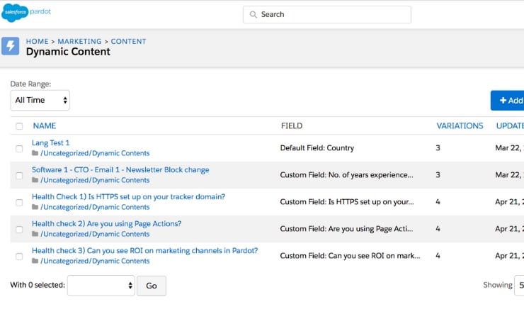 Screenshot of Pardot back end showing the Dynamic Content screen