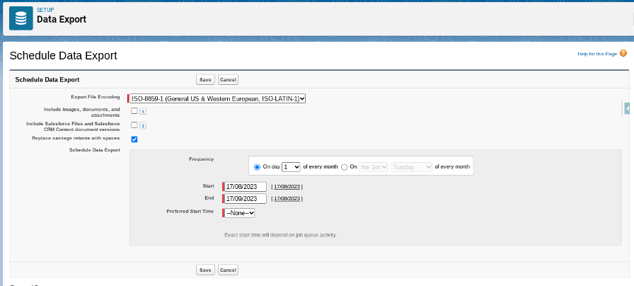 Screenshot of the data export settings in Salesforce