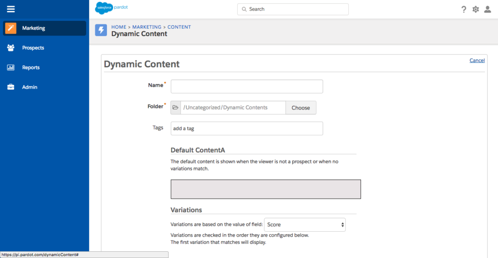 Pardot dynamic content shown in Pardot dashboard