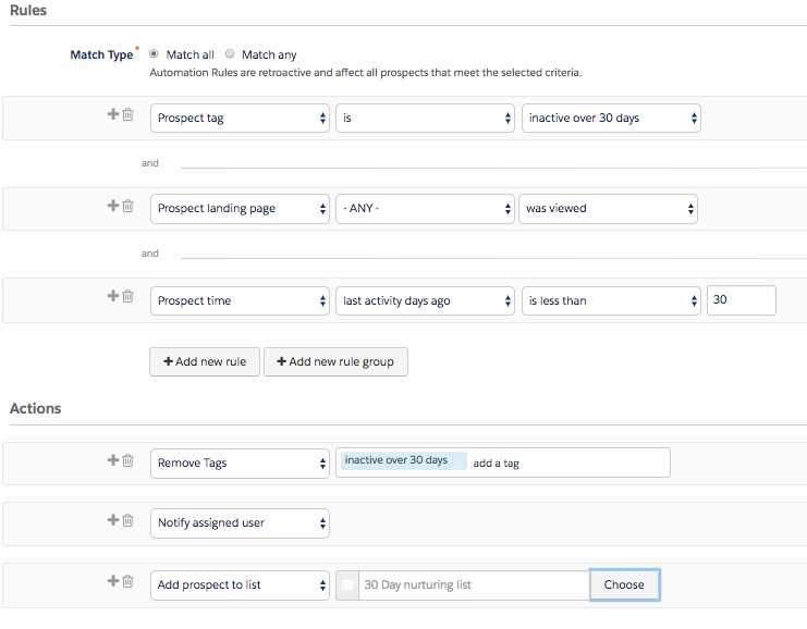 Landing page automation rule