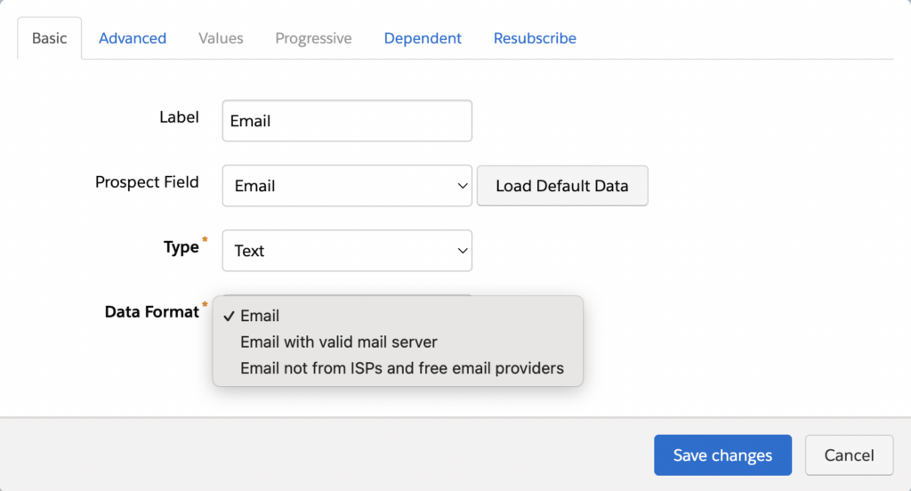 Screenshot of Pardot form field formats