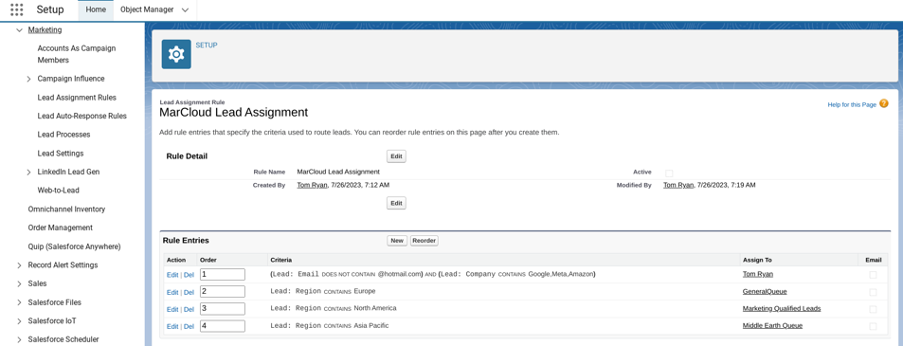 Screenshot of the MarCloud Lead Assignment Rule