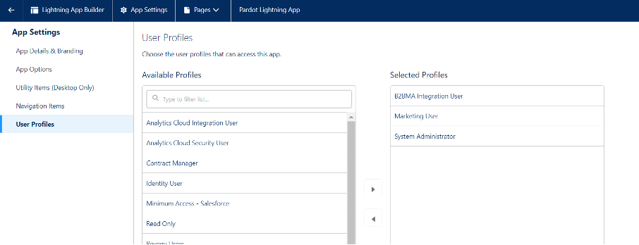 Screenshot of Pardot in Lightning user profiles