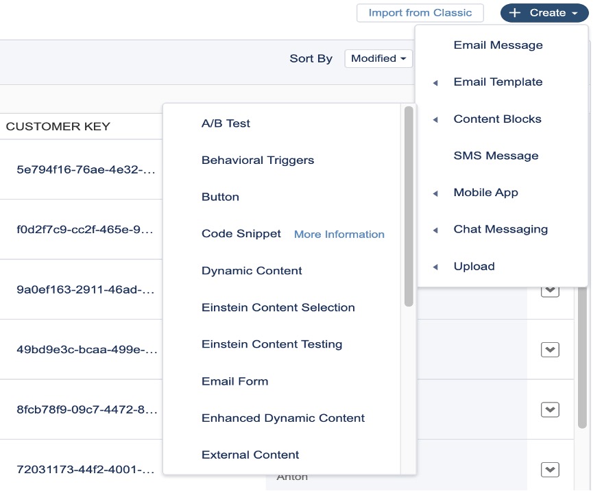 Screenshot of Email Studio dropdown menu