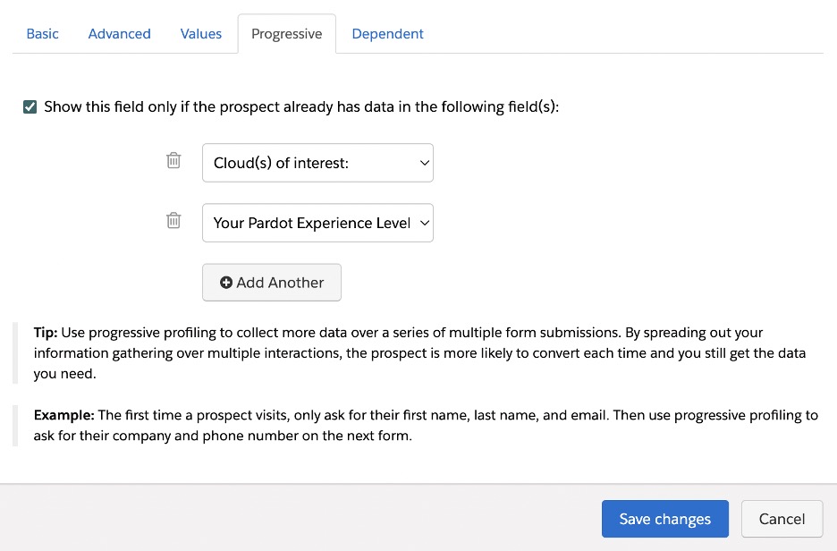 Screenshot of the 'Progressive' tab in a Pardot form