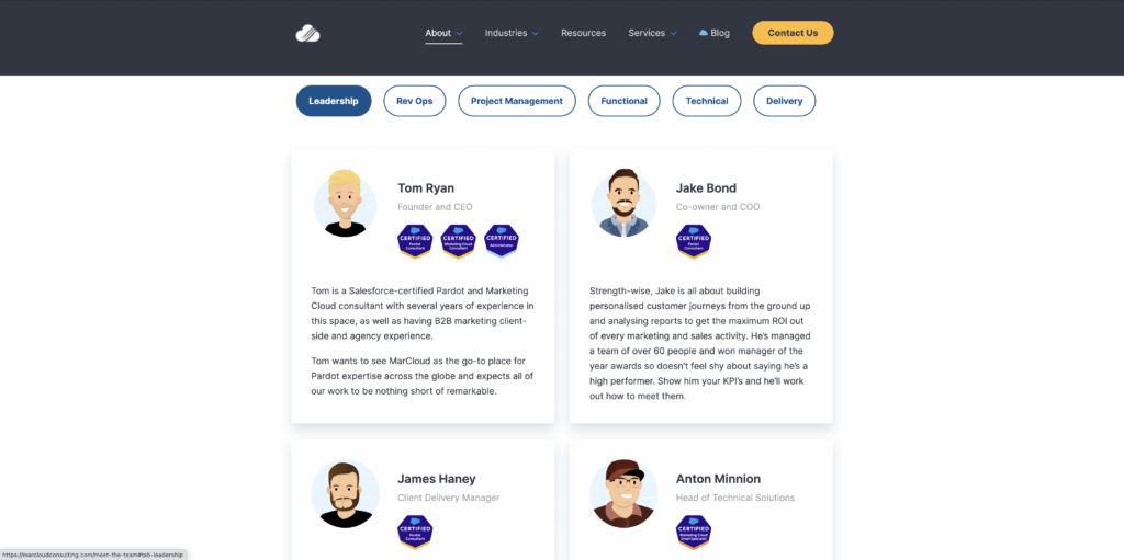 Screenshot of the MarCloud Meet the Team page