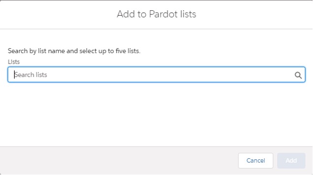 Screengrab of the pop up allowing you to select Pardot lists