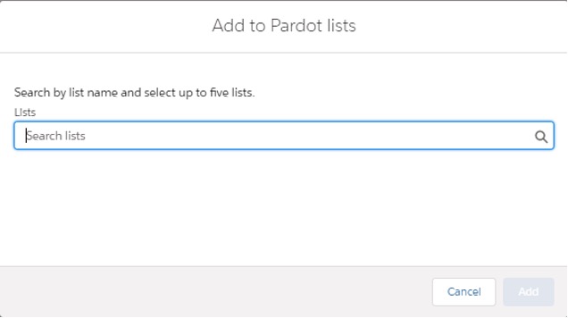 Screengrab of the pop up allowing you to select Pardot lists