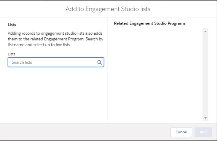 Screengrab showing option to Add to Engagement Studio lists