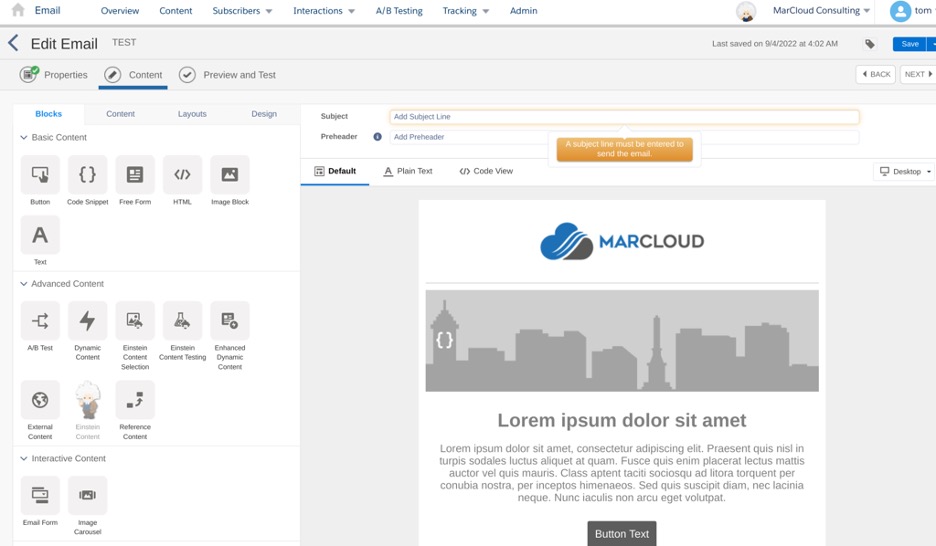 Screenshot of the Marketing Cloud email builder