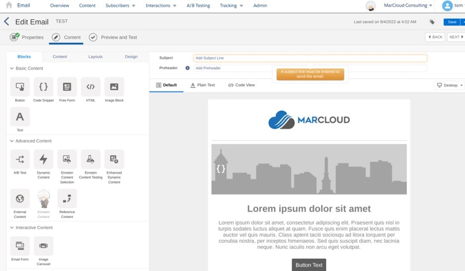 Screenshot of the Marketing Cloud email builder