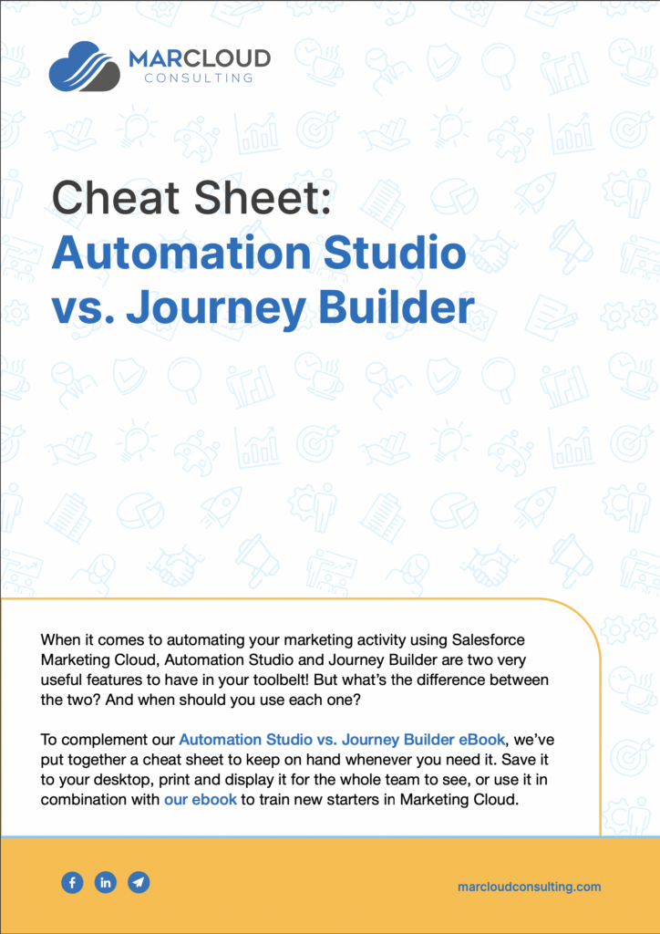 Cover sheet of the Automation Studio vs Journey Builder Cheat Sheet