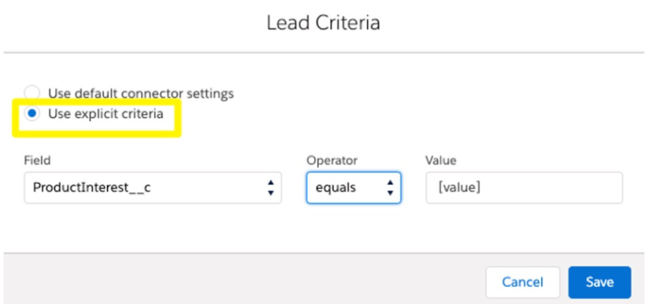 Screenshot of lead criteria