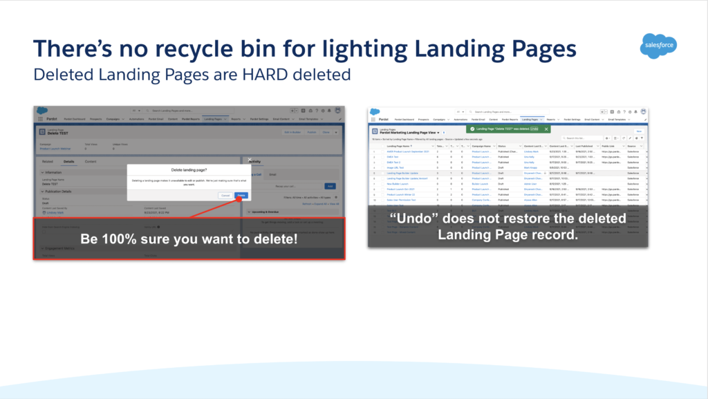 Salesforce slide: There's no recycle bin