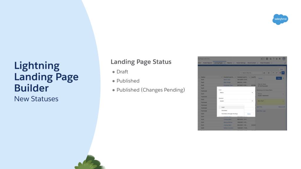Salesforce slide: new landing page statuses