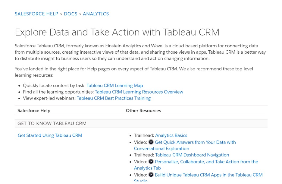 screenshot of salesforce help window for salesforce tableau crm