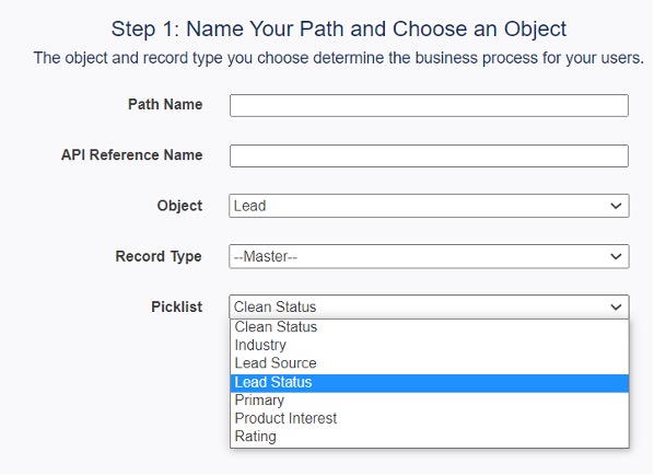 Screenshot of how to select ‘Lead’ under Object and ‘Lead Status’ as the picklist value