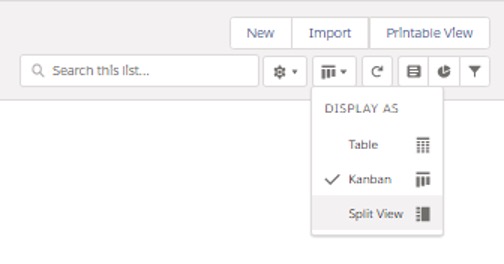 Screenshot showing dropdown Display as Kanban for Salesforce Lead Status