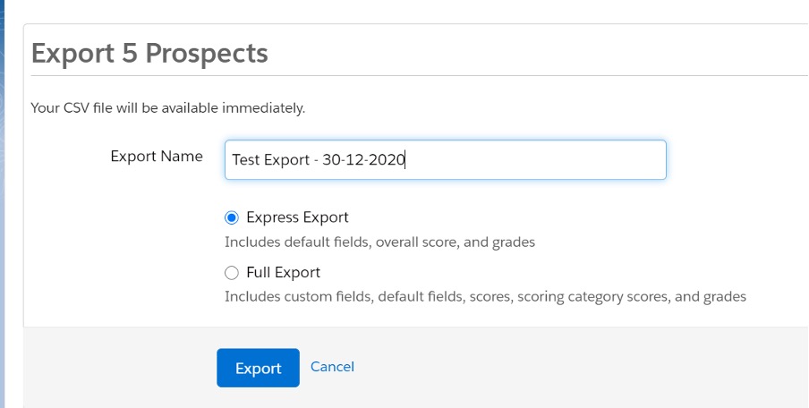 Screenshot of choosing the export types