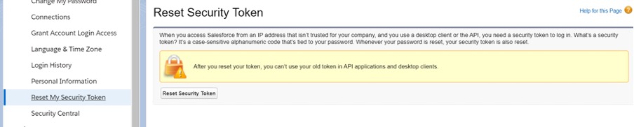 Screenshot of how to reset the Security token