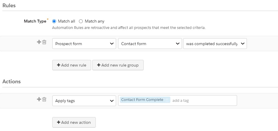 Screenshot of applying the tag and selecting run rule in Pardot