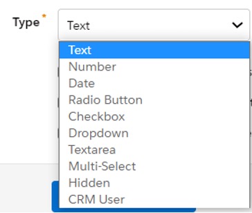 Screenshot of the type of field options in drop down menu in Pardot