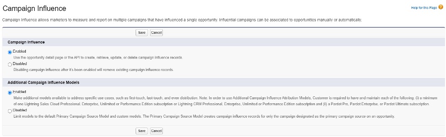 Settings page in Salesforce where you can enable Campaign Influence Settings screenshot