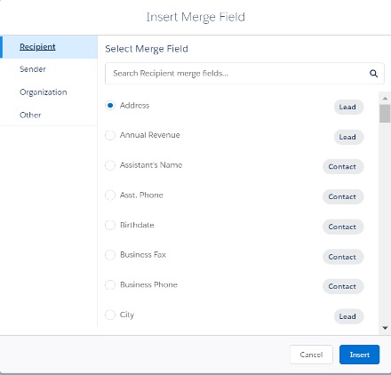 Using the Intergrated Merge field button screenshot