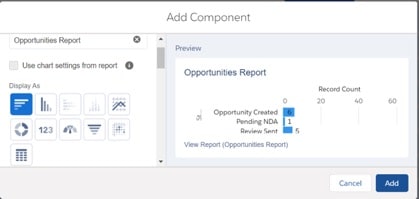 Screenshot of how to add a component in Salesforce Dashboard
