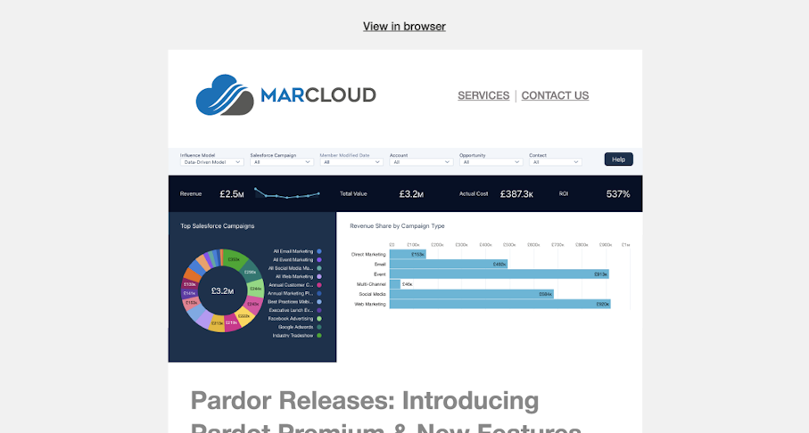 Screenshot of the MarCloud Pardot newsletter email template