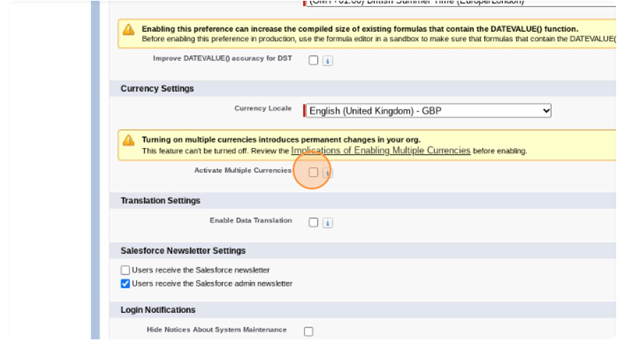 Screenshot of Salesforce Activate Multiple Currencies setting