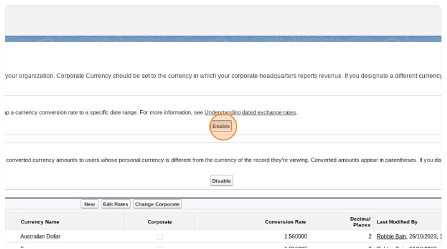 Screenshot of Salesforce advanced currency management enable