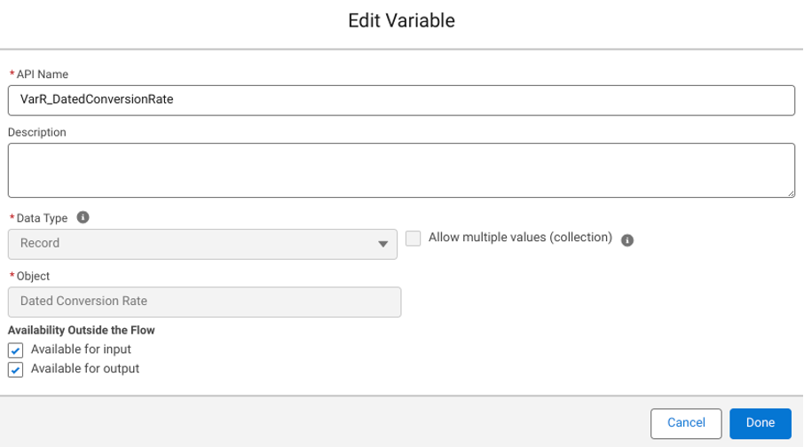 Screenshot of Salesforce Edit Variable