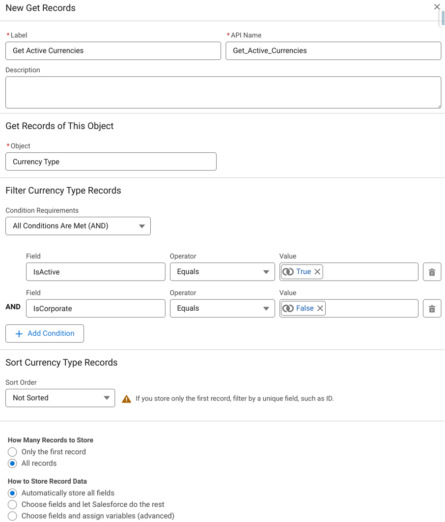 Screenshot of Salesforce New Get Records