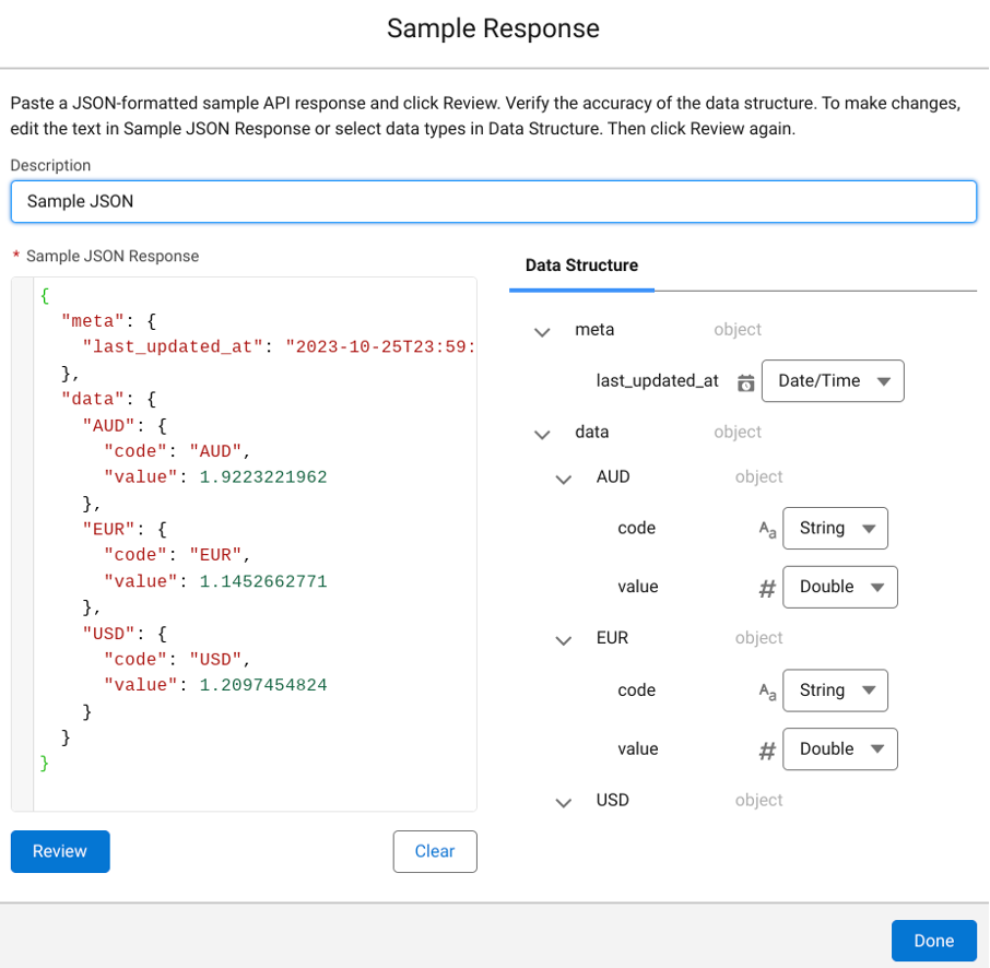 Screenshot of sample API response