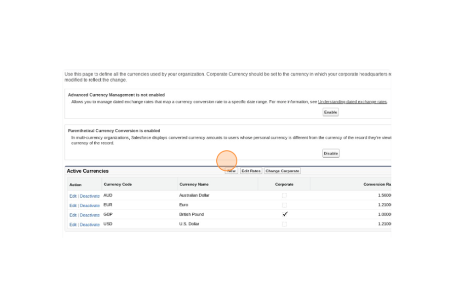 Screenshot of Salesforce advanced currency management