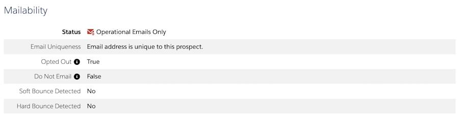 Screenshot of a prospect with Operational Emails Only status
