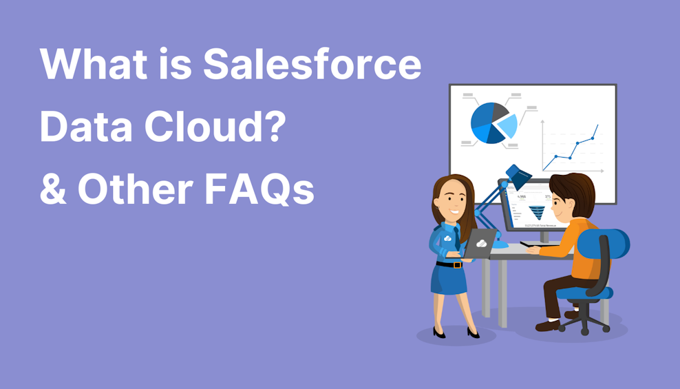 Coloured background with text What is Salesforce Data Cloud? & Other FAQs