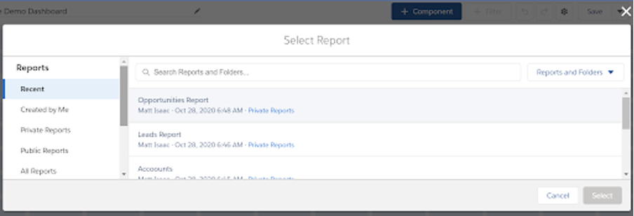 Screenshot of selecting a report