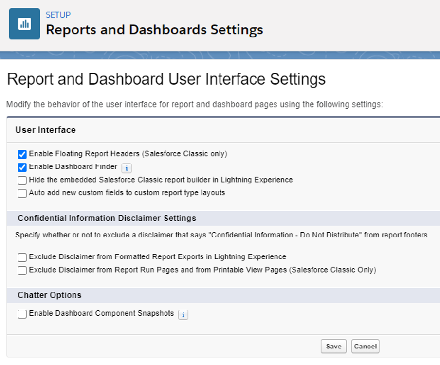 Screenshot of Reports and Dashboards Settings