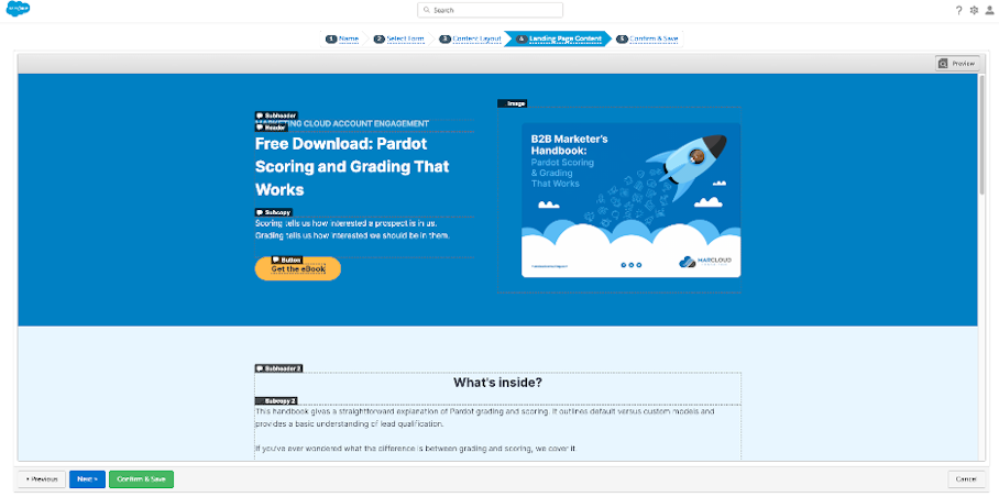 Screenshot of a Pardot landing page template in the WSYIWIG editor