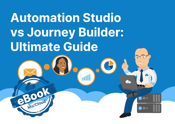 eBook cover with text Automation Studio vs Journey Builder: Ultimate Guide