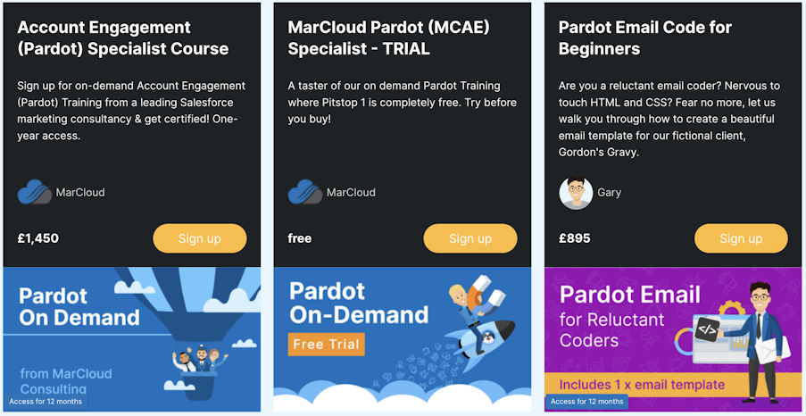 Screenshot of the Marketing Cloud training courses available from MarCloud